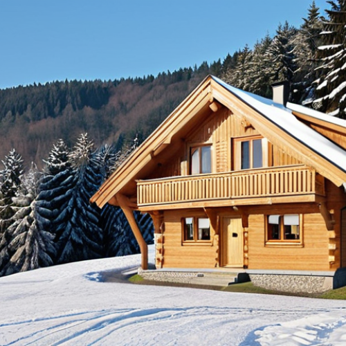 **

`A cozy, modern wooden house exterior in the Polish countryside, Beskidy mountains in the background, large panoramic windows reflecting the landscape, built with traditional wooden beams and a minimalist design, warm and inviting atmosphere, possibly with snow on the ground. The overall style should evoke a sense of "dom w Beskidach" - a home in the Beskidy mountains.`

**